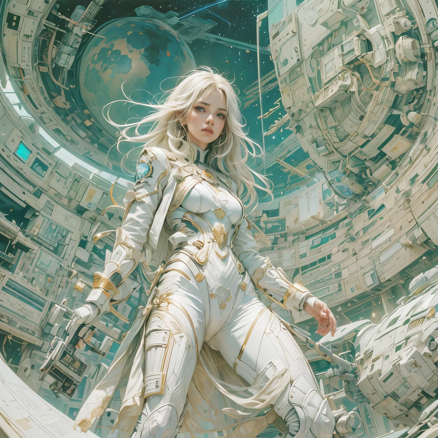 obra-prima，Uma garota monge guerreira vestida com um terno branco de alta tecnologia，cabelo longo branco，Ren Hao，vintage science fiction abstract background，arte de Moebius，A arte de Ashley Wood，dynamic poses，Solte a terra，cosmic starry sky
