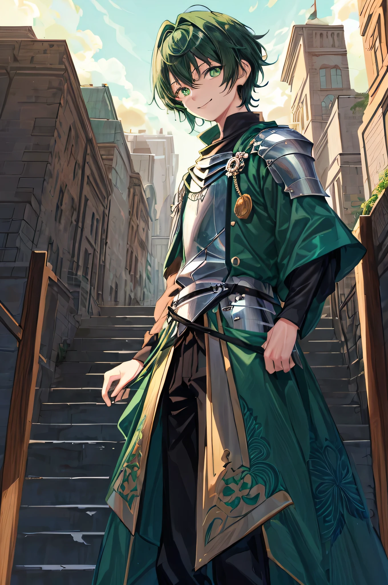[(temple Background:1.4)::5],Original,(Illustration:1.1),(Best Quality),(masutepiece:1.1),(the Extremely Detailed CG Unity 8K Wallpapers:1.1), (Colorful:0.9),(mid-shot:0.95),(very detailed beautiful face and eyes),(Solo:1.2), (((Boy))),((14 years old)), (Detailed beautiful eyes:1.15), (Beautiful face:1.15), (Glowing green eyes:1.25////),(((Dark green short hair))),(((Hairy hairstyle))),(+perfect hand+:1.21),(Draw an illustration of a knight),standing , stone staircase,smile,smile,grassland,