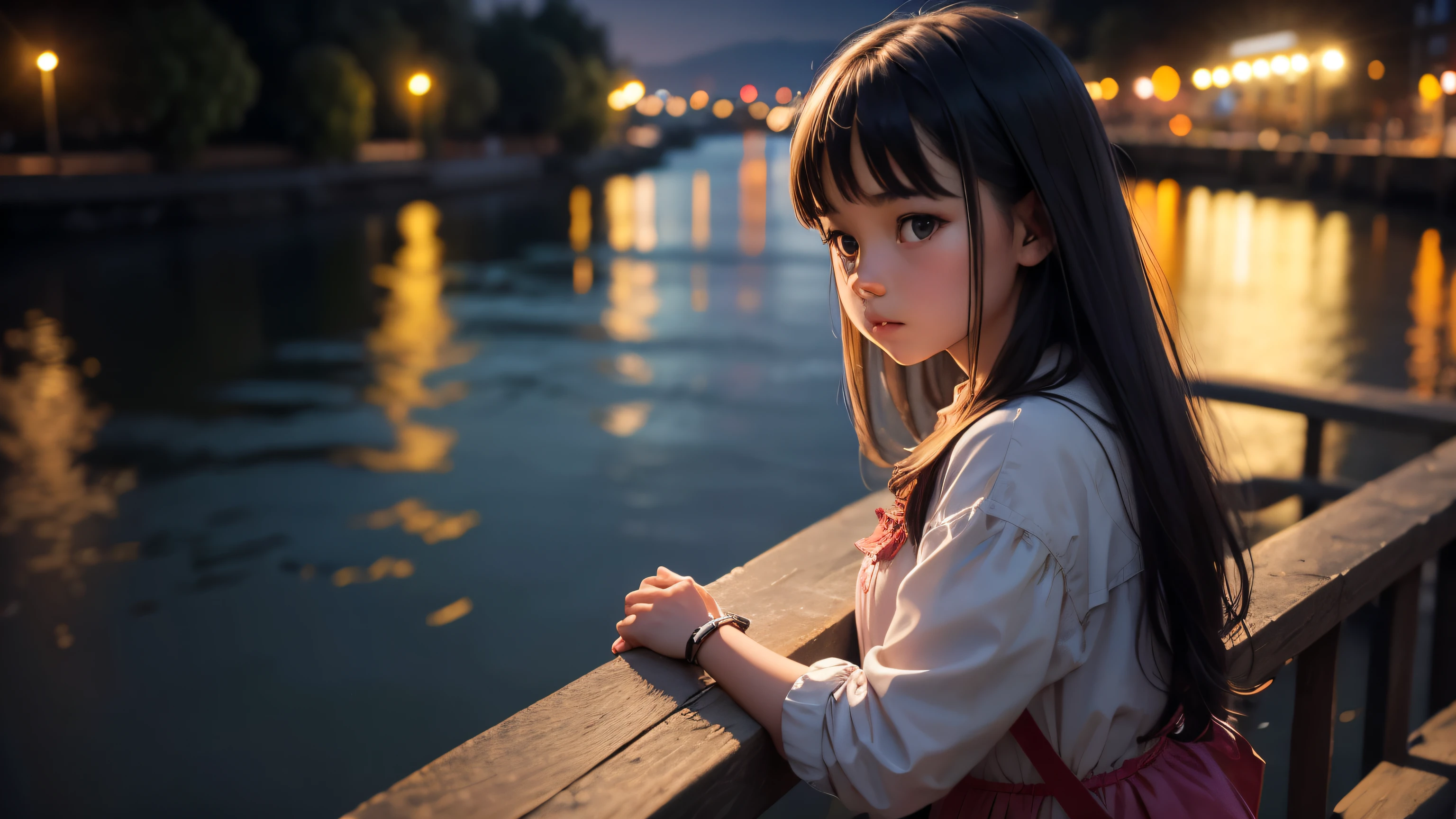young girl looking at river at night image
