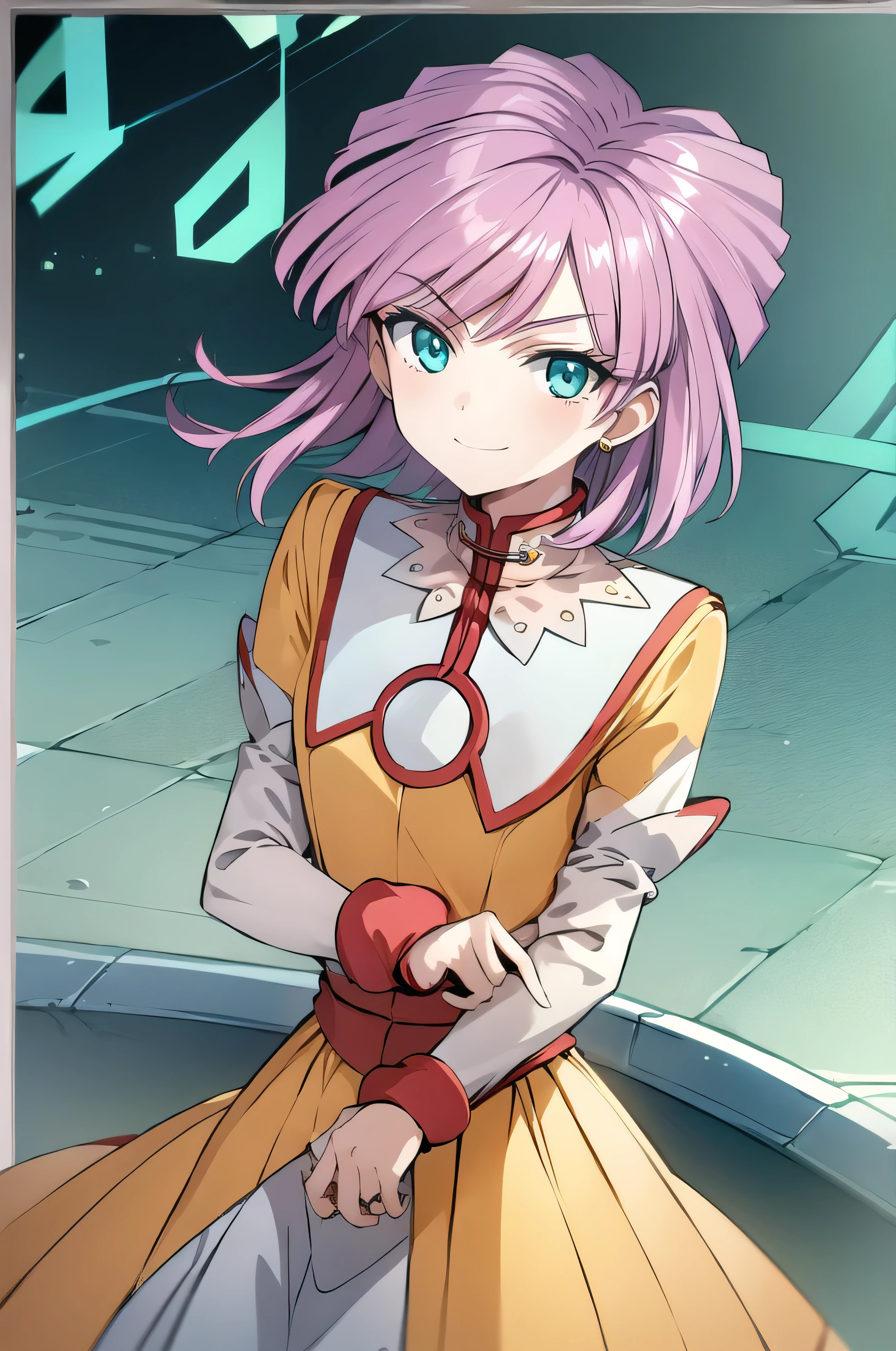 (masterpiece, best quality:1.2), solo, 1girl, srw_tis, evil smirk, blue green eyes, yellow pleated skirt, white jewelry, looking at viewer,