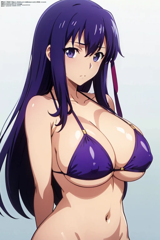 (masutepiece, Best Quality, High resolution:1.5, anime colours, megami magazine:1.2, anime poster style, anime keyvisual, sharp, 8k, photorealistic), (arms at sides), (beautiful eyes:1.5, beautiful face), matou_sakura_fatestaynightufotable
anime_style, 1girl, solo, Cute, hair red ribbon, (Long Hair), (sagging huge breasts), (purple bikini), cleavage, (cowboy shot), (Perfect detailed Anatomy, beautiful detailed hair, perfect detailed body:1.2, shiny skin), (thick outline, Beautiful outlines, black outlines), simple background,