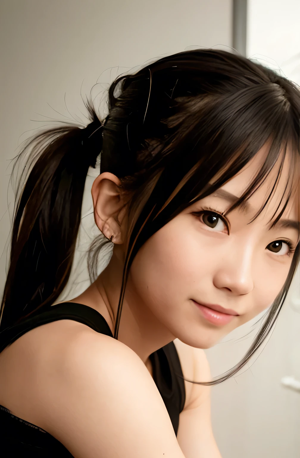 Sleeveless, Ponytail, Japan Girls, 8K, LAW Photos, Top Quality, Masterpiece, Realistic, Photorealistic Super Detail, One Girl, Cute, Best Smile, Beautiful Eyes, Long Hair, Perfect Facial Features,