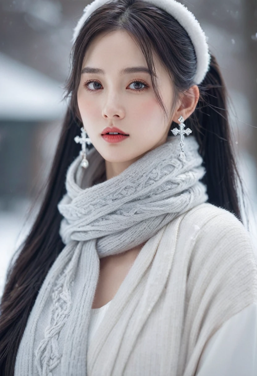 masterpiece, best quality, Ultra Detailed, Delicate face, 1 Girl, Solitary, long_hair, Ponytail, Upper Body, (looking at the audience:1.5), Intricate details,8K,(Reality:1.4) Perfect face, Pretty Face, Perfect eyes, beautiful eyes, very long hair, silver hair, white hairband, Crystal Earrings, Cross necklace, winter, Snowing day, White coat, Big scarf, Large earmuffs, Gothic church