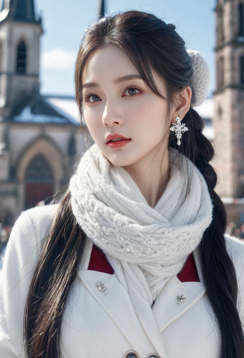 masterpiece, best quality, Ultra Detailed, Delicate face, 1 Girl, Solitary, long_hair, Ponytail, Upper Body, (looking at the audience:1.5), Intricate details,8K,(Reality:1.4) Perfect face, Pretty Face, Perfect eyes, beautiful eyes, very long hair, silver hair, white hairband, Crystal Earrings, Cross necklace, winter, Snowing day, White coat, Big scarf, Large earmuffs, Gothic church