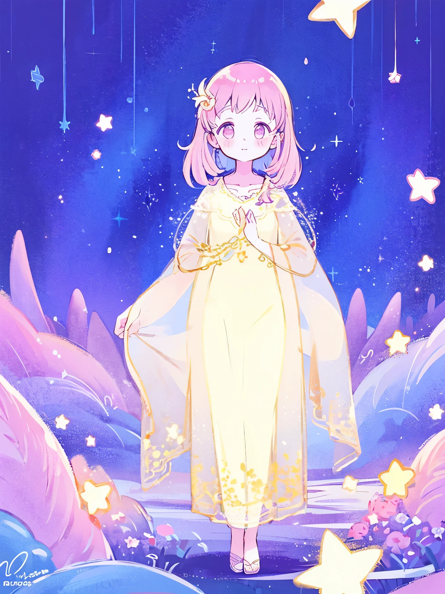 complex background, wishing star background, a woman wearing an ethereal mystical pink translucent dress that reflects the stars, perfume promo art, mystic, complex drawing, highly detailed, Covergirl brand, promo art, artistic rendition, ethereal, starry night, midjourney style