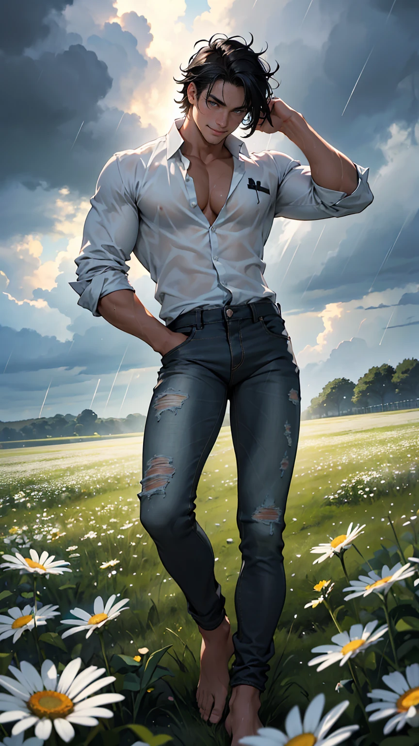 (masterpiece, Best quality, a high resolution, ultra detailed),(Beautiful and aesthetically pleasing:1.2), detailed eyes and face, whole body, 1 man, adult, (black hair), wild hair, (grey eyes), male body, athletic body, perfect body, flirtatious smile, ardent look, light white unbuttoned shirt, black jeans, bare feet, field with flowers, field with daisies, relax on the field, summer, storm, lightning, rain,wet skin, water droplets on the skin, wet shirt, a rainbow is on the sky,storm black clouds