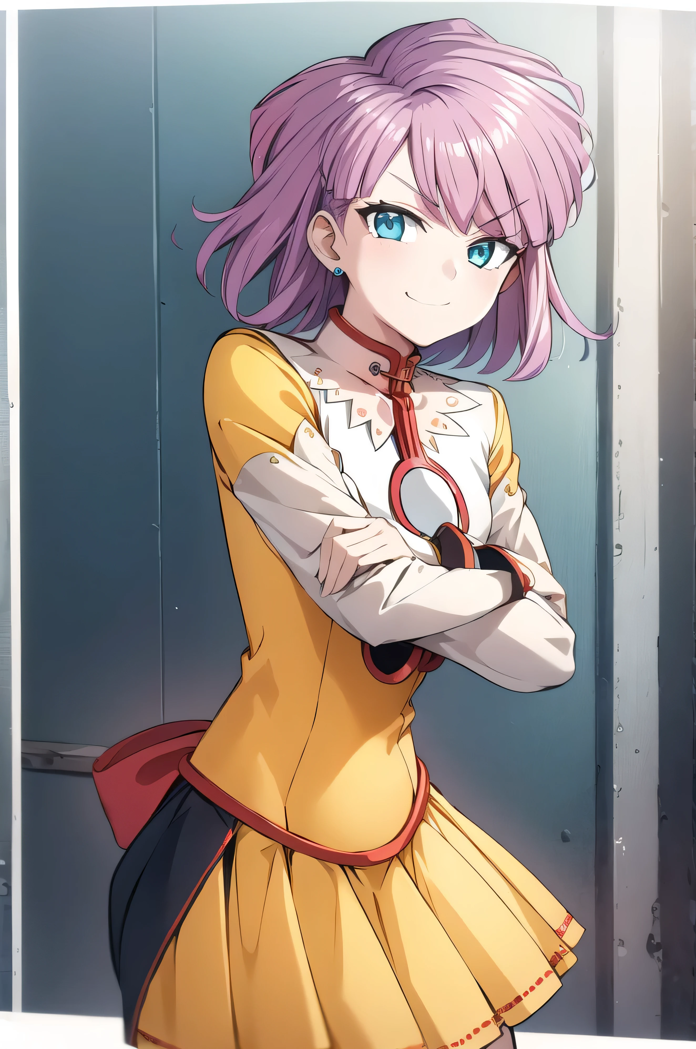 (masterpiece, best quality:1.2), solo, 1girl, srw_tis, evil smirk, blue green eyes, yellow pleated skirt, white jewelry, looking at viewer,
