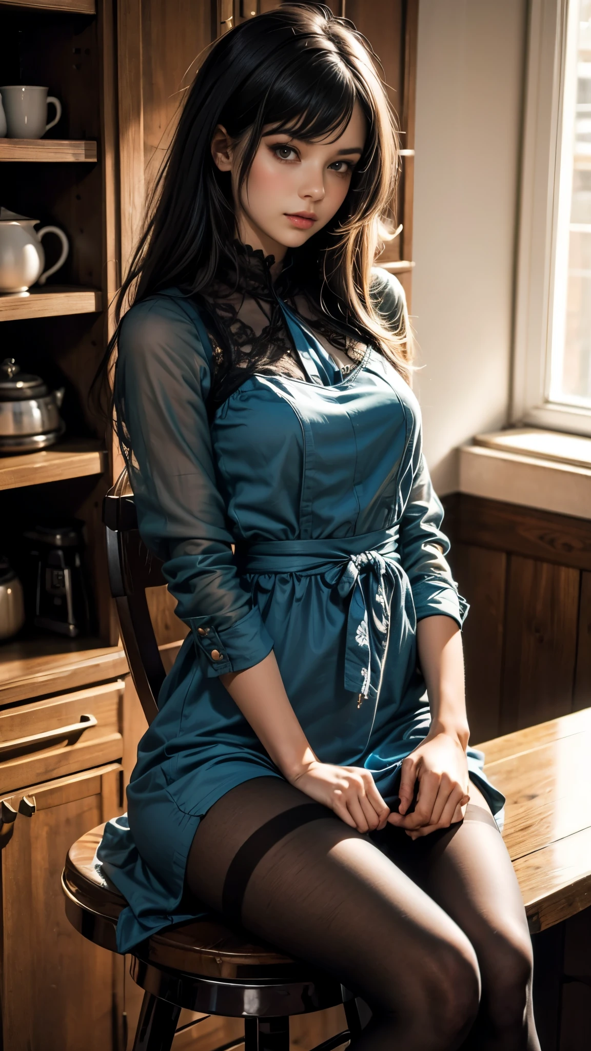 A woman wearing a blue dress and black pantyhose sits on a stool.