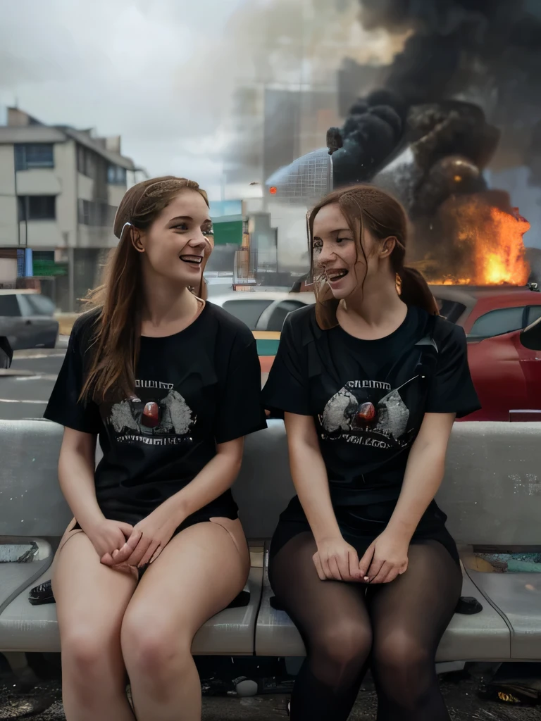 (((high definition))), two very beautiful school age pale girls, staring at the viewer, crowd of people running behind them acting hysterical, burning buildings, smoke, wearing bikini bottom, black t-shirt, sitting at a bus station in Scotland, raining, wearing a t-shirt, cloudy skies, crowd in background, burning buildings, pantyhose