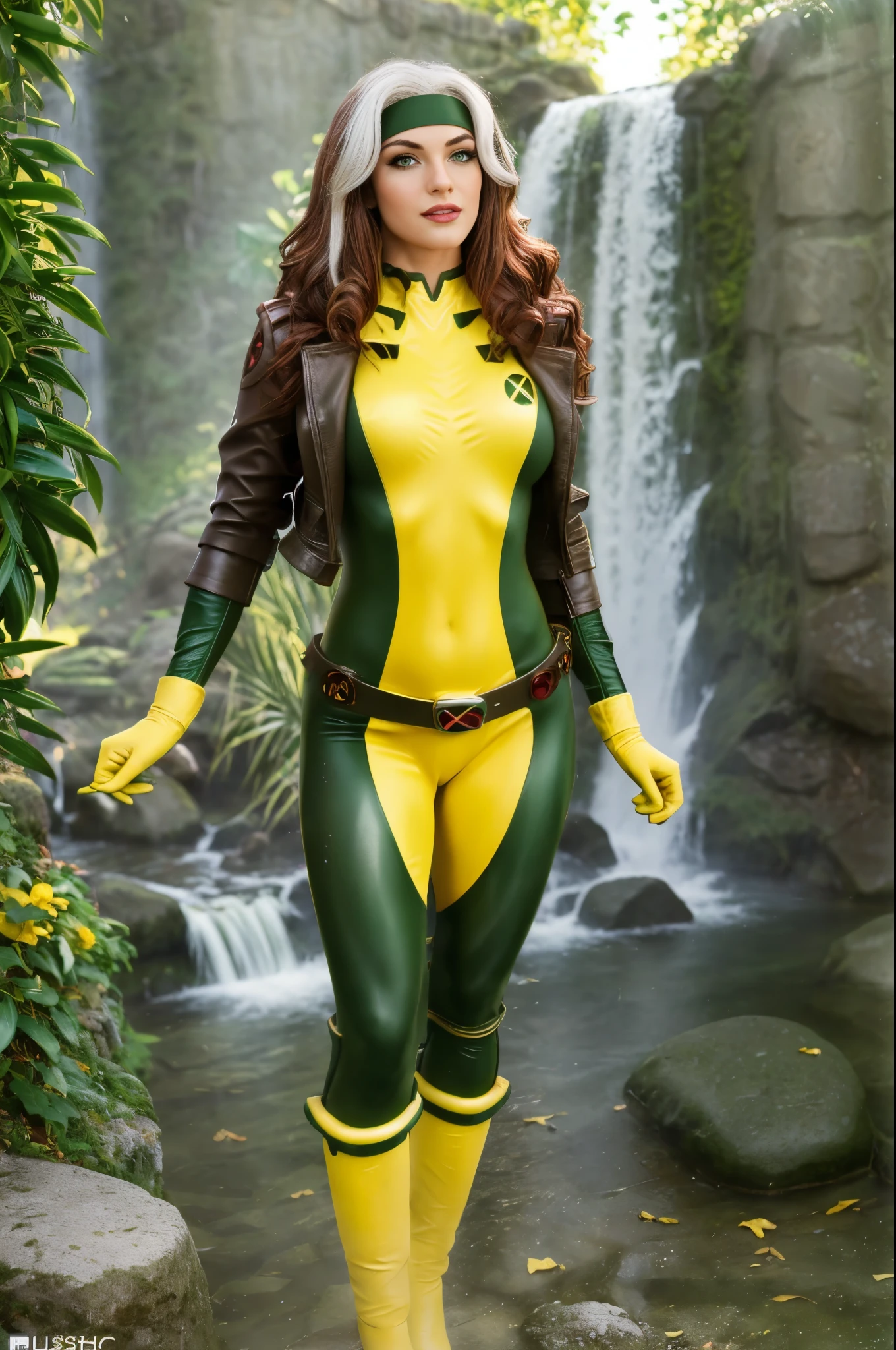 (masterpiece:1.0), (best_quality:1.2), (dark shot:1.3), Classic Rogue, 1991 Rogue X-Men, 1 girl, Only 1, cowboy shot, walking towards the viewer, looking to the side, leather jacket, leather belt, skin-tight green bodysuit, medium length hair, auburn hair, wavy hair, messy hair, one lock of white hair, green eyes, mischievous look, sexy smirk, parted lips, fit figure, curvy figure, large breasts, makeup, green headband, brown leather jacket, yellow gloves, belt, gold earrings, open jacket, yellow boots, stone walkways, stone gates, waterfall, ivy, colorful flowers, (realism: 1.5), (Realistic: 1.4), (Absurdity:1.4), 8k, ultra-detailed, Detailed Beautiful Woman, very physically fit girl, official art, extremely detailed CG unity 8k wallpaper, ultra high res, photography, 8K, HDR, Kodak portra 400, film grain, blurry background, (bokeh:1.2), film grain:1.2, (color photo), professional photograph