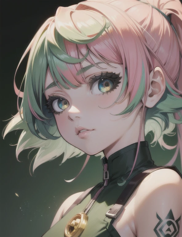 (masterpiece:1.2),(best quality:1.2),(high resolution:1.2)
 CyberJudy, 1girl, solo, asymmetrical hair, green hair, pink hair, brown eyes, tattoo,  ilya kuvshinov, artgerm