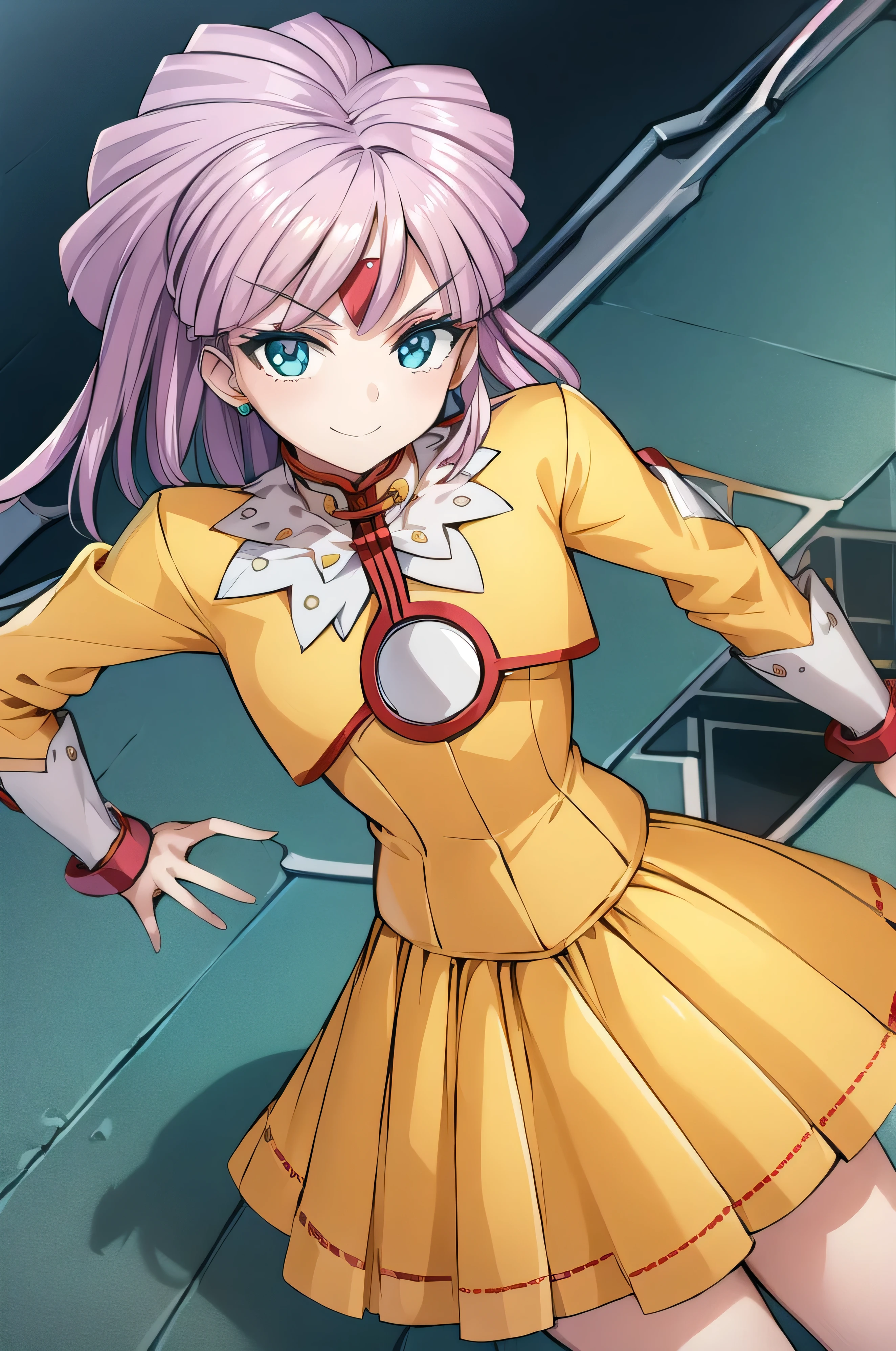 (masterpiece, best quality:1.2), solo, 1girl, srw_tis, evil smirk, blue green eyes, yellow pleated skirt, white jewelry, looking at viewer, 