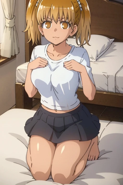 Very detailed, High quality (medium long shot), Illustration from the anime Ijiranaide Nagatoro San, of the character Yoshi, orange eyes, thick thighs, white t-shirt above the navel, black skirt, looking at the viewer. with a relaxed expression. touching her breasts above.kneeling on a bed.