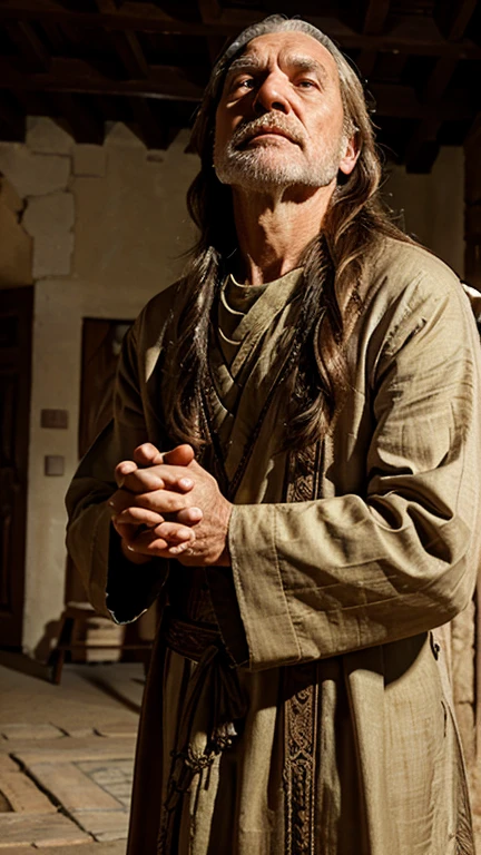create an image of an old man in realistic 3d with hands in prayer position dressed in an antique tunic looking up with long hair