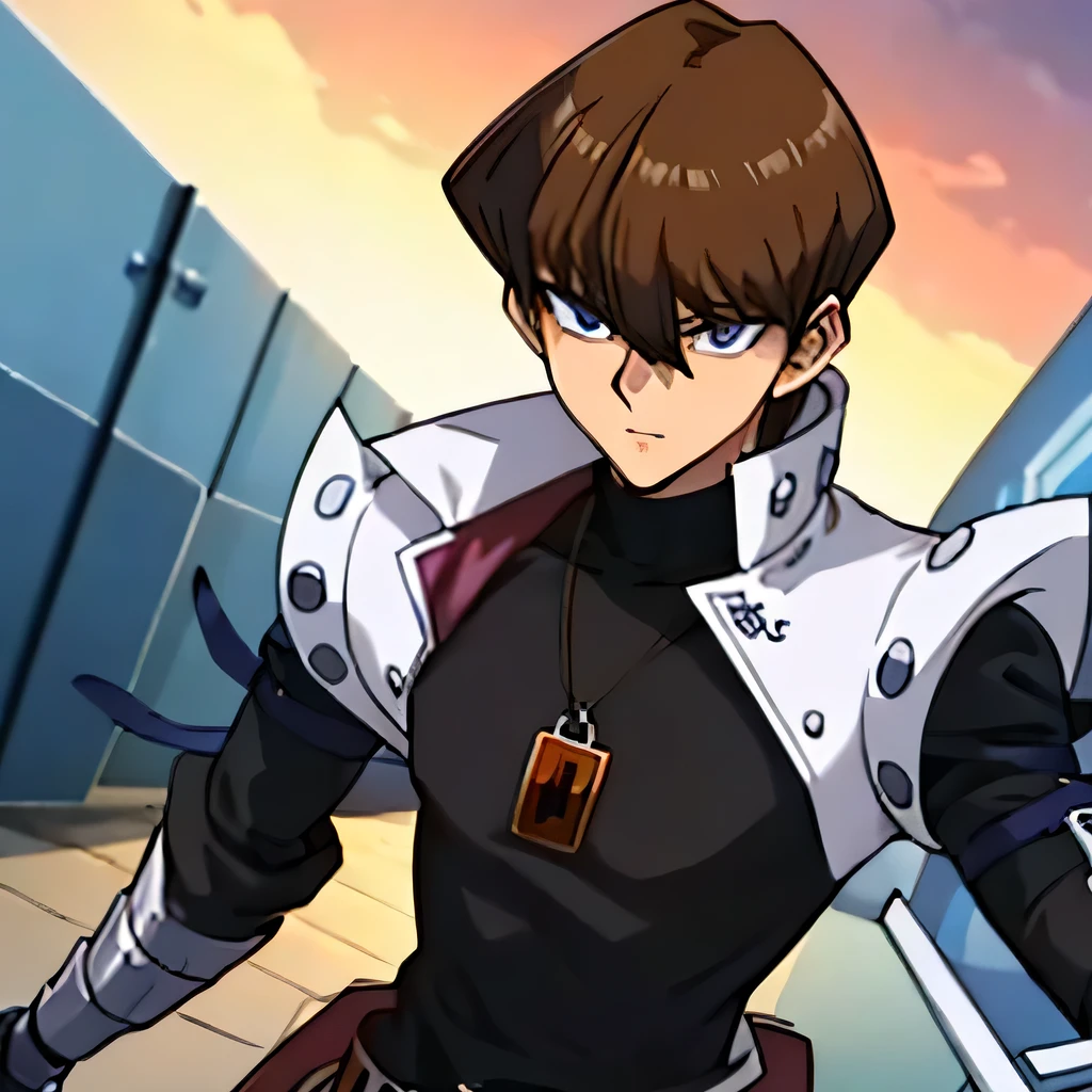 1 boy, Seto Kaiba, ,  , Brown hair,  , Blue eye, garden, big thigh, Seto Kaiba, black shirt, black shirt, black shirt, black shirt , Black shirt