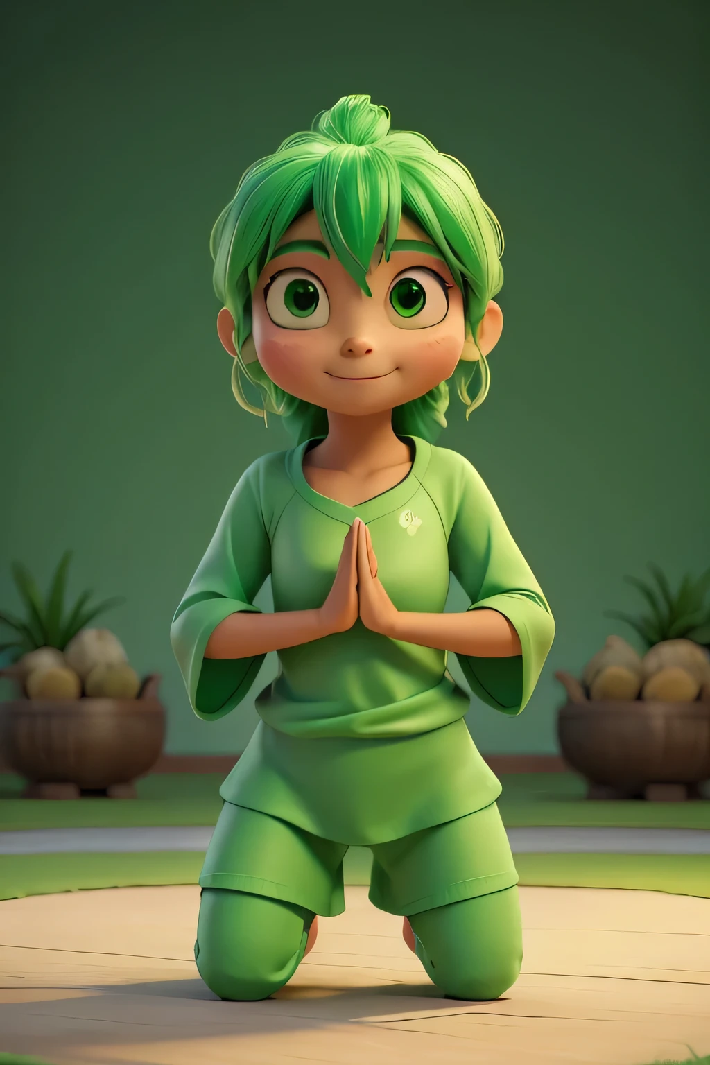 non-existent creature, fofa, in green that represents the practice of Yoga, to present to people who have no knowledge of the exercise.