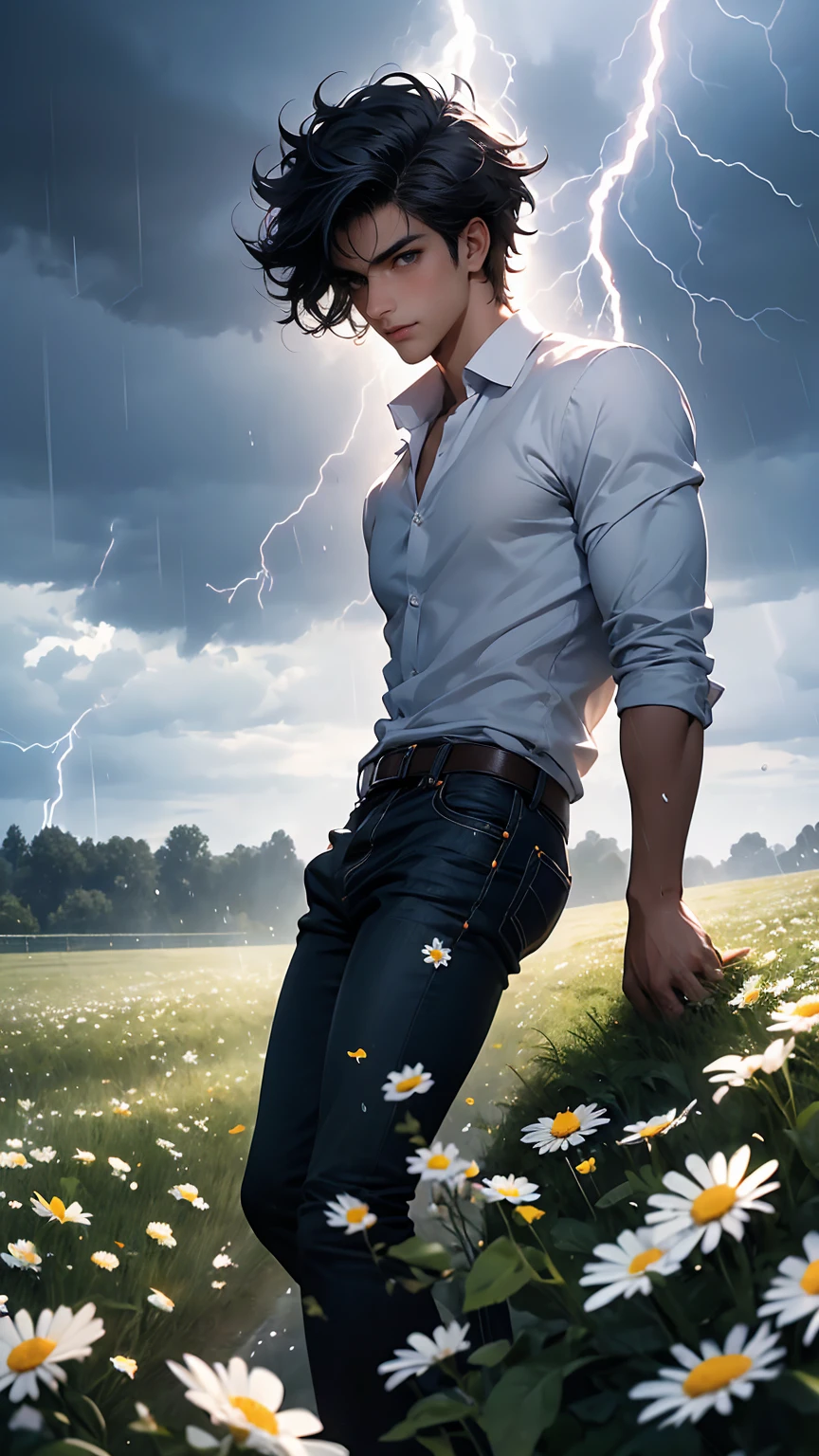 (masterpiece, Best quality, a high resolution, ultra detailed),(Beautiful and aesthetically pleasing:1.2), detailed eyes and face, whole body, 1 man, adult, (black hair), wild hair, (grey eyes), male body, athletic body, perfect body, flirtatious smile, ardent look, light white unbuttoned shirt, black jeans, bare feet,  field with flowers, field with daisies, relax on the field, summer, storm, lightning, rain,wet skin, water droplets on the skin, wet shirt, a rainbow is on the sky,storm black clouds
