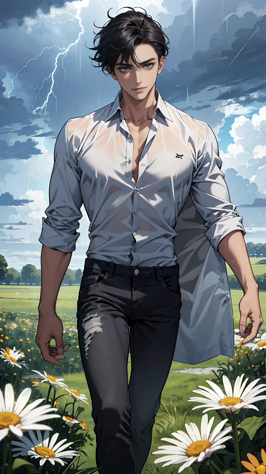 (masterpiece, Best quality, a high resolution, ultra detailed),(Beautiful and aesthetically pleasing:1.2), detailed eyes and face, whole body, 1 man, adult, (black hair), wild hair, (grey eyes), male body, athletic body, perfect body, flirtatious smile, ardent look, light white unbuttoned shirt, black jeans, bare feet, field with flowers, field with daisies, relax on the field, summer, storm, lightning, rain,wet skin, water droplets on the skin, wet shirt, a rainbow is on the sky,storm black clouds