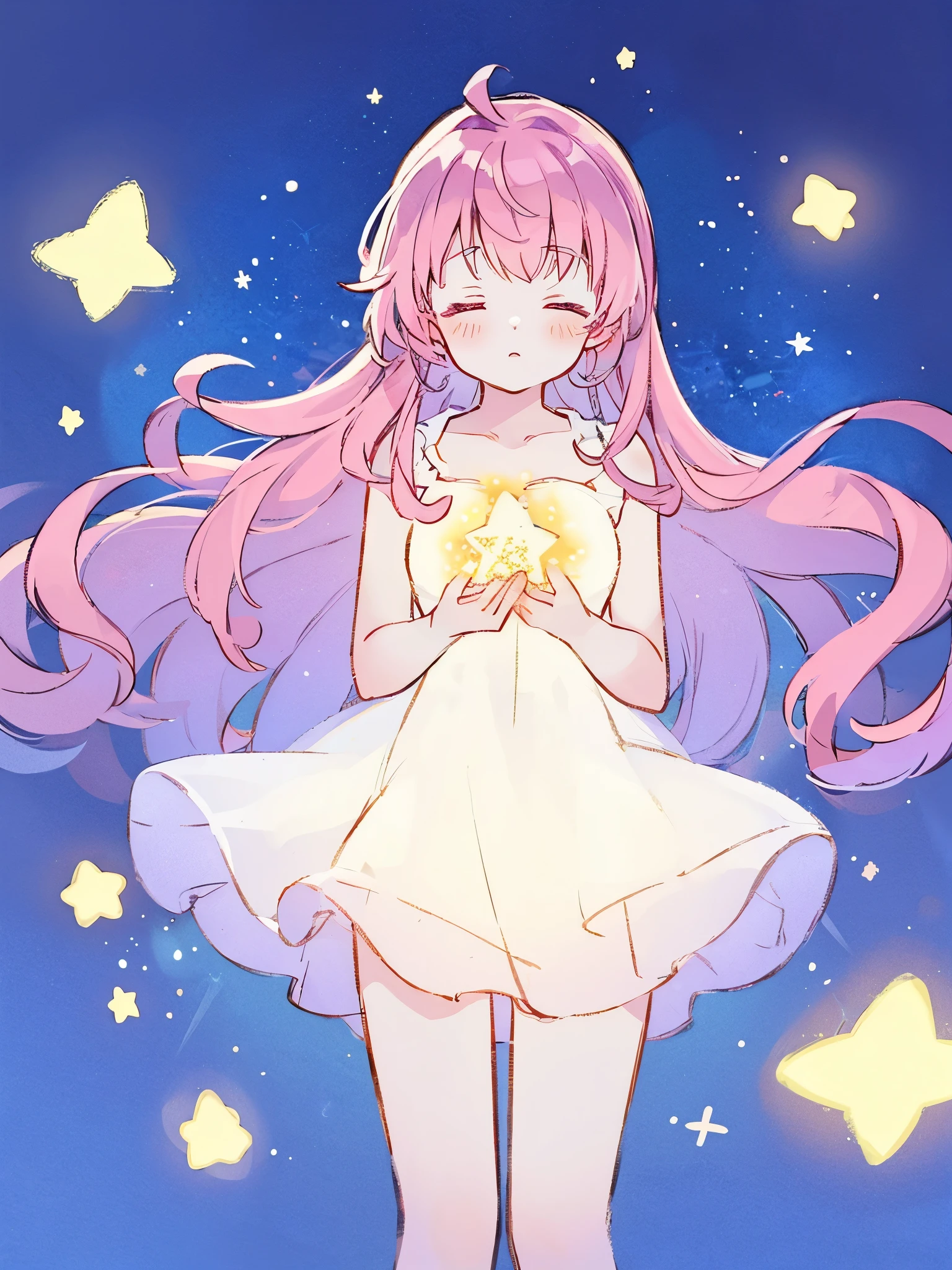 complex background, wishing star background, a woman wearing an ethereal layered magical girl dress, glowing stars, arms outstretched, a glowing star in front of her chest, long flowing colorful hair, complex drawing, highly detailed, ethereal, starry night, midjourney style