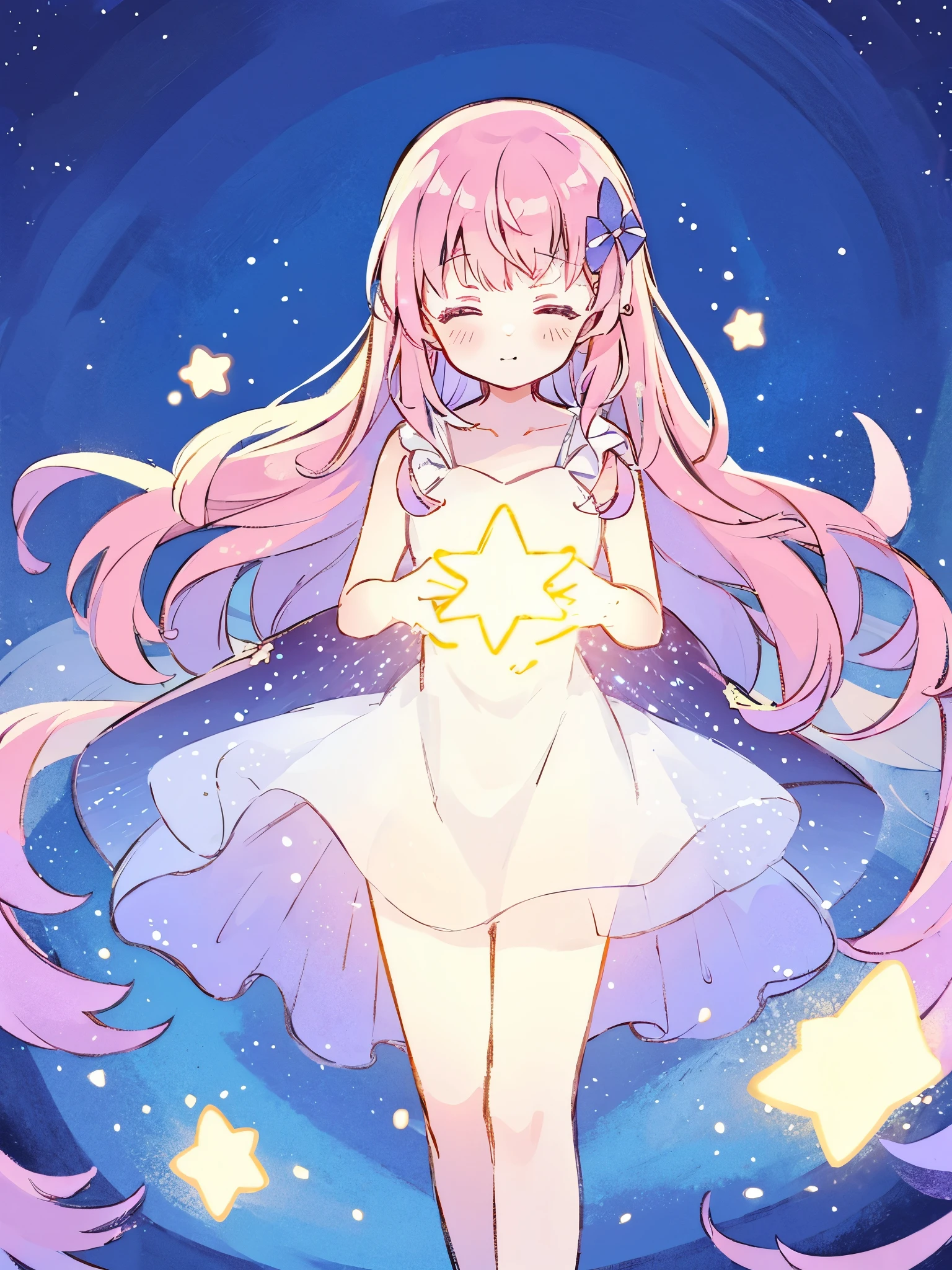 complex background, wishing star background, a woman wearing an ethereal layered magical girl dress, glowing stars, arms outstretched, a glowing star in front of her chest, long flowing colorful hair, complex drawing, highly detailed, ethereal, starry night, midjourney style