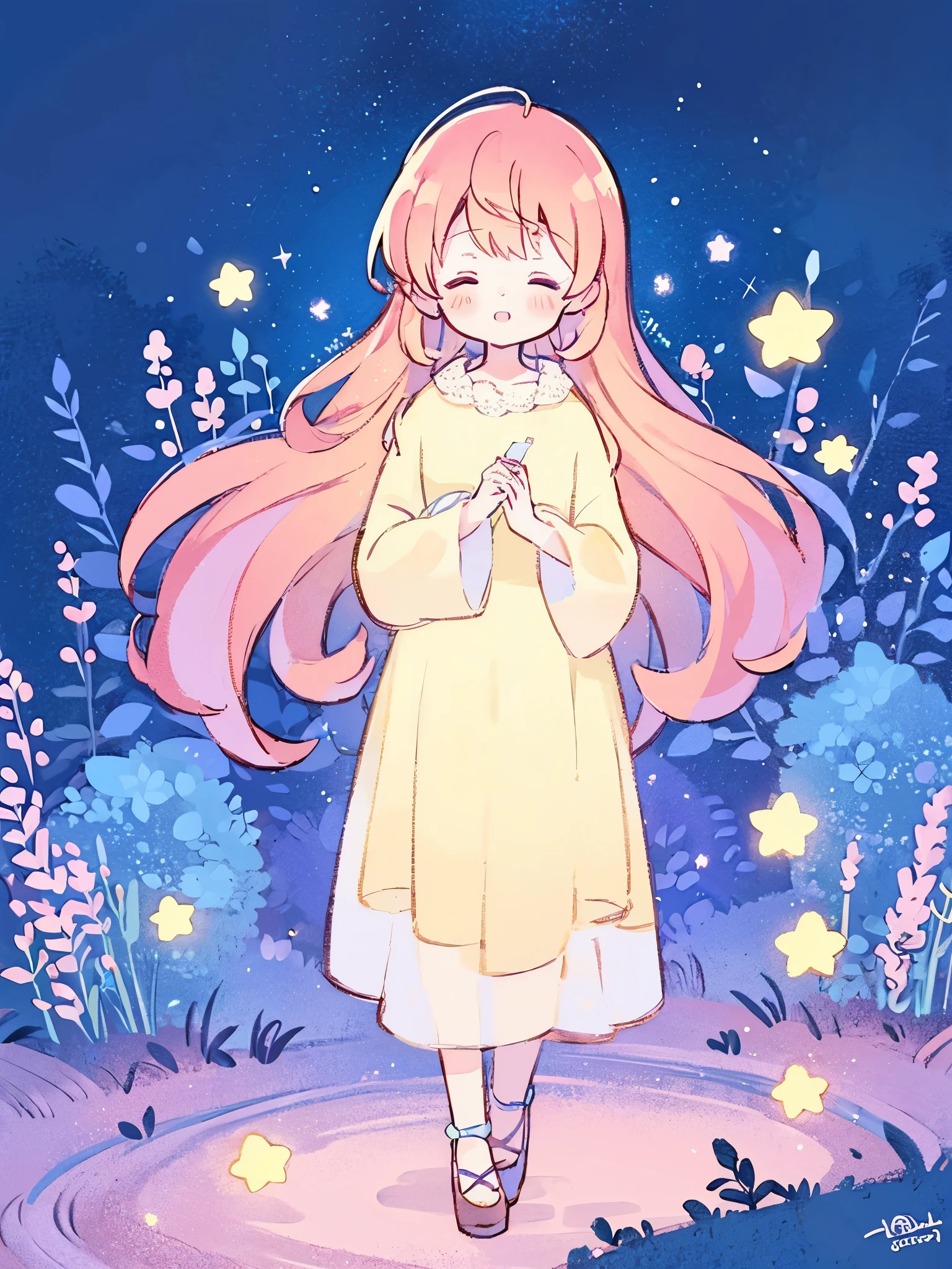 complex background, wishing star background, woman wearing an ethereal translucent long layered dress, magical garden, complex drawing, highly detailed, ethereal, starry night, midjourney style
