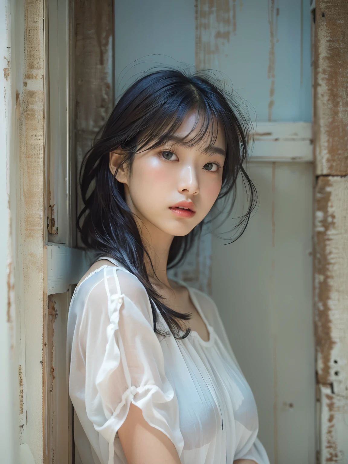 Sheer top、Large Breasts、plump thighs、camisole、sleep pants、(背景にWhite Wall、Part of her hair is sky blue:1.4)、White Wall、Taken in front of the white door、(窓のあるWhite Wallの部屋)、((best quality、8K、masterpiece:1.3))、Ultra-high resolution、(photorealistic:1.4)、RAW photos、Japanese,(detailedface)、real、Shoot in natural light、Highly detailed face and skin textures、Very detailed lips、The correct state of the human body、Medium Length Hair、Black Hair、Various postures、Natural lip color