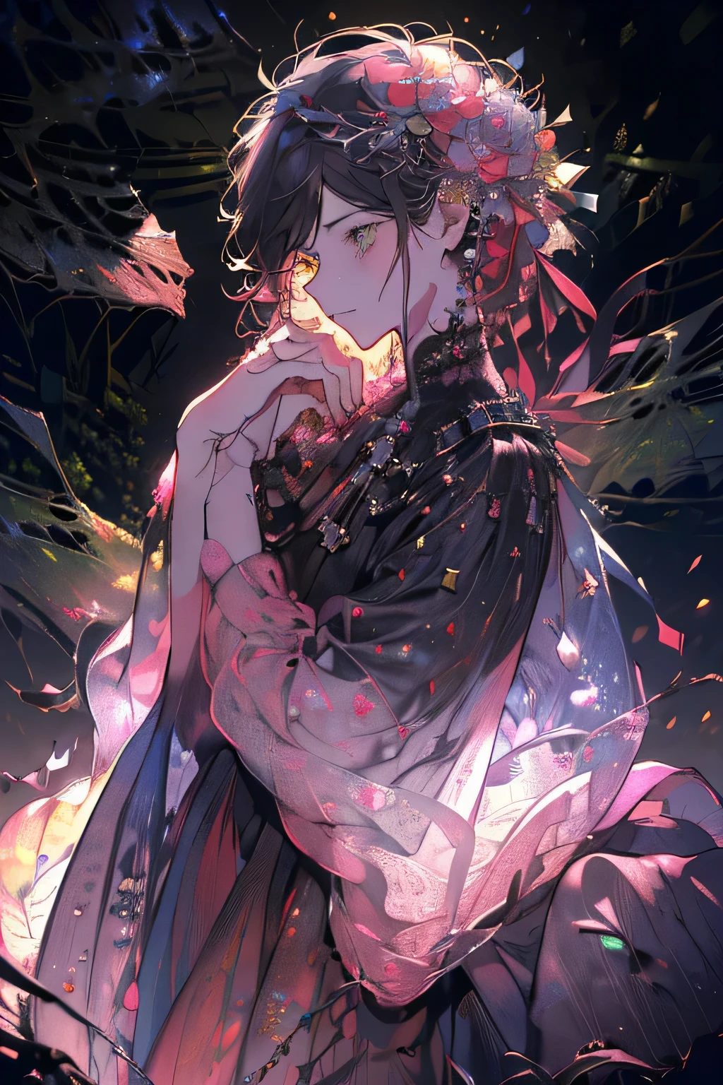 ((The ruined city is full of ruins.)),(After the war),((The vast landscape is full of graves.)),(The boy wore tattered clothes like a slave.),((dark hair)),(lifeless eyes),((Kneel on one side of the floor.)),((He looked up and stared at me.)),(Mouth slightly open),((green eyes)),((world of darkness)),((black,gray,light)),((The hair accessory was decorated with many dark pink gems.)),((holding flowers in hand)),((Diagram from below)),(Sharp eye light),(((adult male))),(Half body