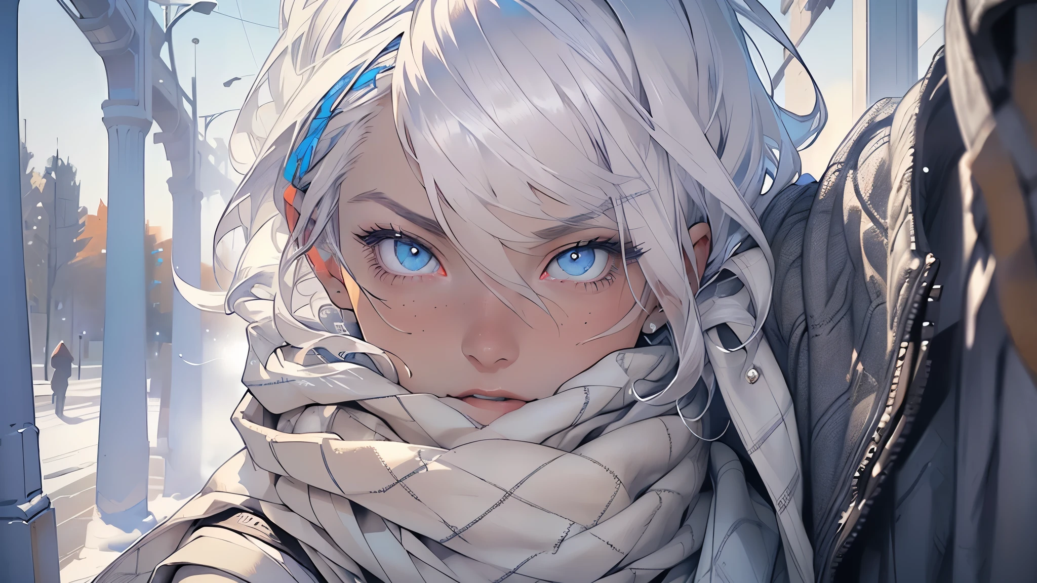 (masterpiece, highest quality, ultra high resolution, Gorgeous),1 boy,casual clothes,Scarf、at the park,White Hair, light blue eyes,beautiful and detailed face, detailed eye,((gray color,white& Based on blue, winter, Russia))

