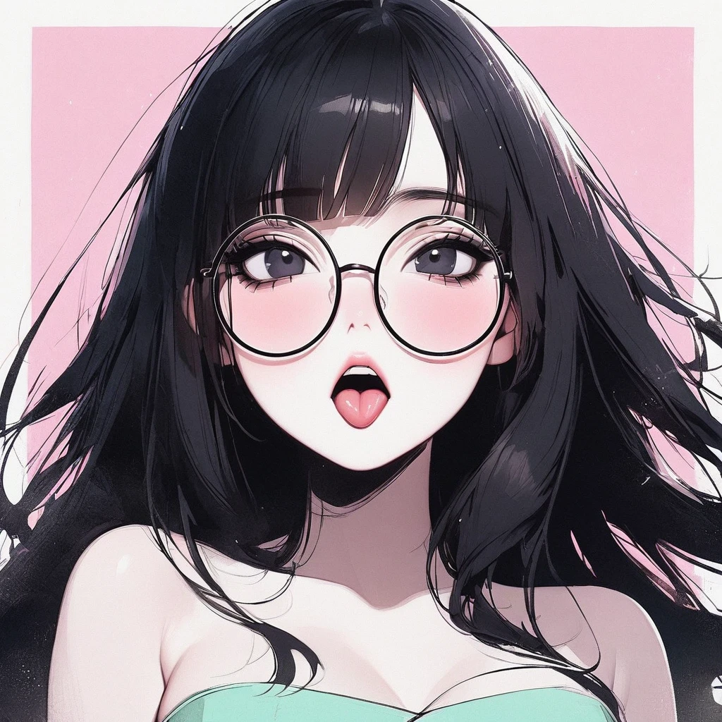 Girl, black hair, black eyes, beautiful, strapless mint dress, pastel colors, face close-up, flat, lipgloss, brat, big round glasses, korean, wide mouth, submissive, straight bangs, looking up, pink cheeks, tongue