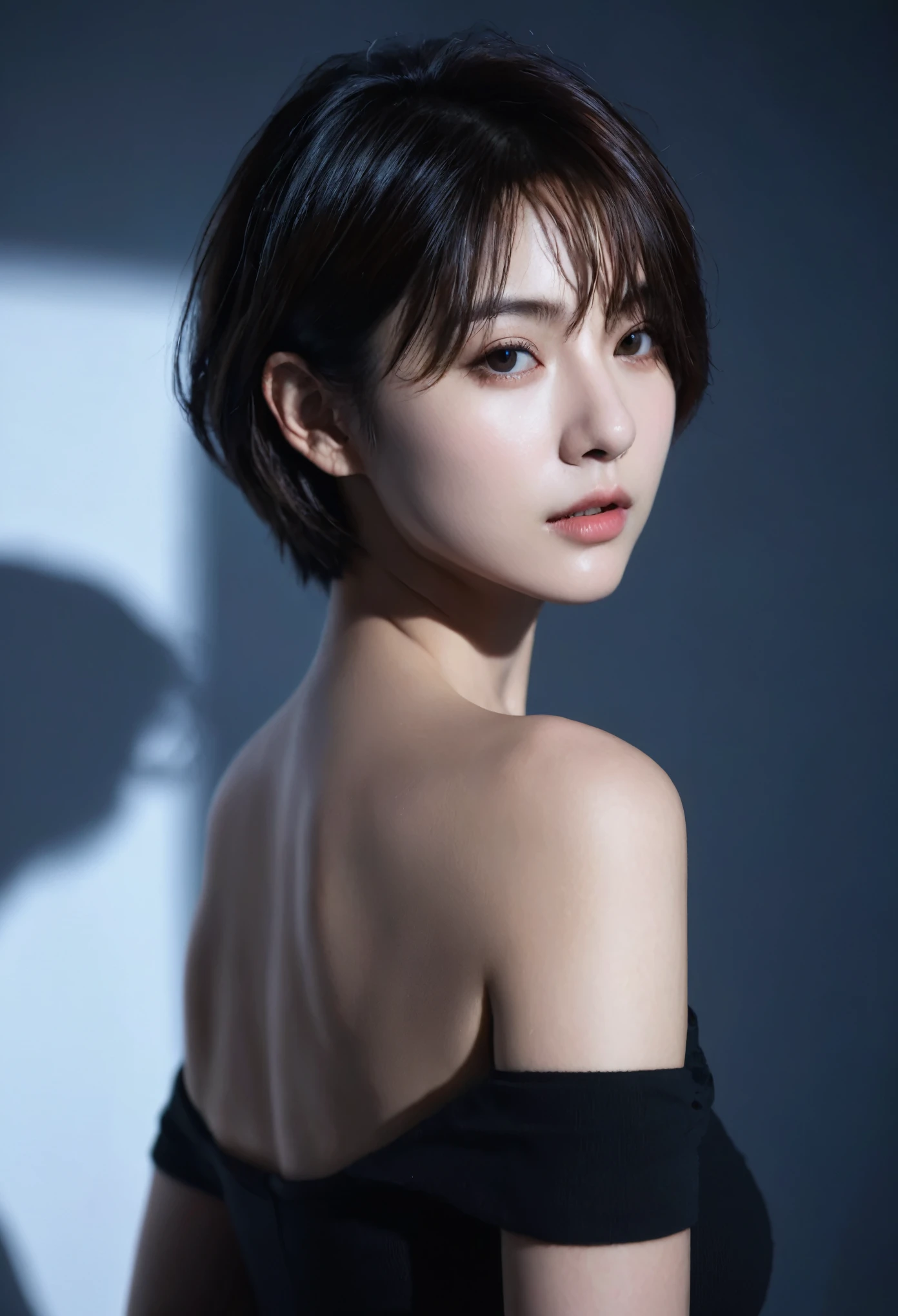 best quality, masterpiece, Ultra-high resolution, (Reality:1.5), RAW photos, 1 Girl, Off-shoulder, in the darkness, Deep Shadows, Low profile, Cold Light, Sexy look, short hair,xxmixgirl,Inlet, Half-length photo,National Foundation