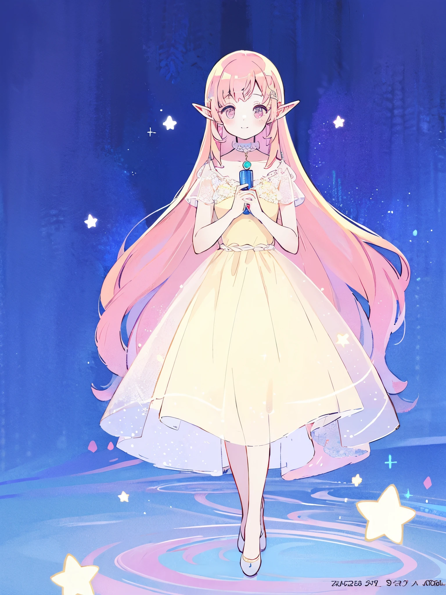 complex background, wishing star background, an elf girl wearing an ethereal mystical pink translucent dress that reflects the stars, perfume promo art, mystic, complex drawing, highly detailed, Covergirl brand, promo art, artistic rendition, ethereal, starry night, midjourney style