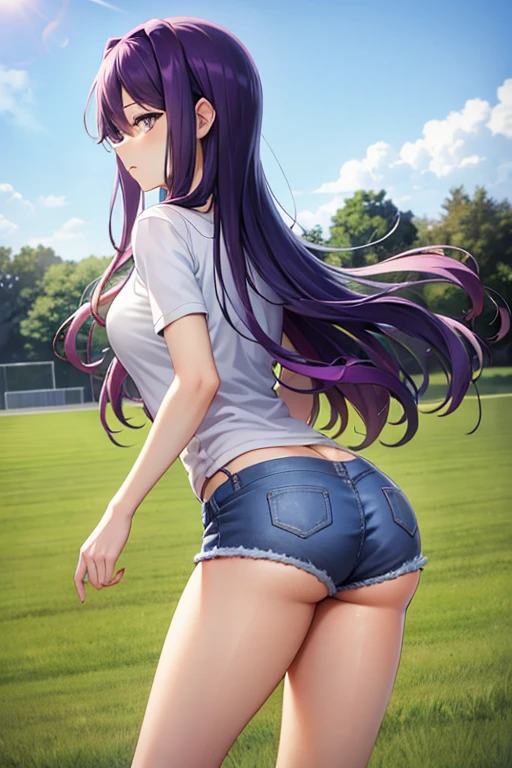 Yuri ddlc, purple hair, wearing jeans shorts, anime style, showing the back 3/4, on a field, leaning forward 