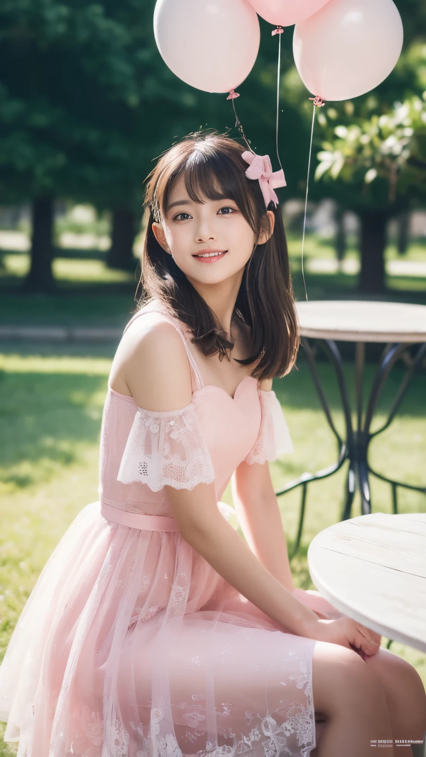 ((masterpiece, Top image quality, high resolution、Solitary、Glowing skin))(on the table, best quality, Practical, Super detailed, meticulous, high resolution, 8k wallpaper), Close-up portrait of a beautiful woman, like, Smile, Light brown messy hair, Perfect dynamic composition, 美丽meticulous的眼睛, Just like the cover of a fashion magazine, On Campus,Gorgeous clothing,hot stamping clothing,A pink tulle dress,An 8-year-old girl,Long black hair,Wearing a pink bow hairpin,sit on the floor,Holding balloons in hand,White lace that doesn't go below the knee,Girls bedroom,Pink Girl'Room decoration。