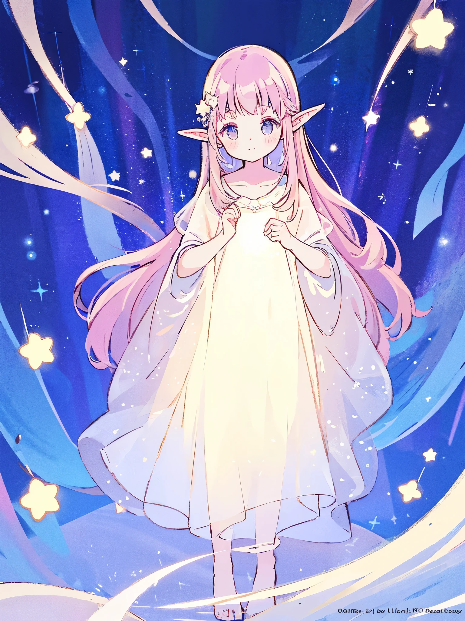 complex background, wishing star background, an elf girl wearing an ethereal mystical pink translucent dress that reflects the stars, perfume promo art, mystic, complex drawing, highly detailed, Covergirl brand, promo art, artistic rendition, ethereal, starry night, midjourney style