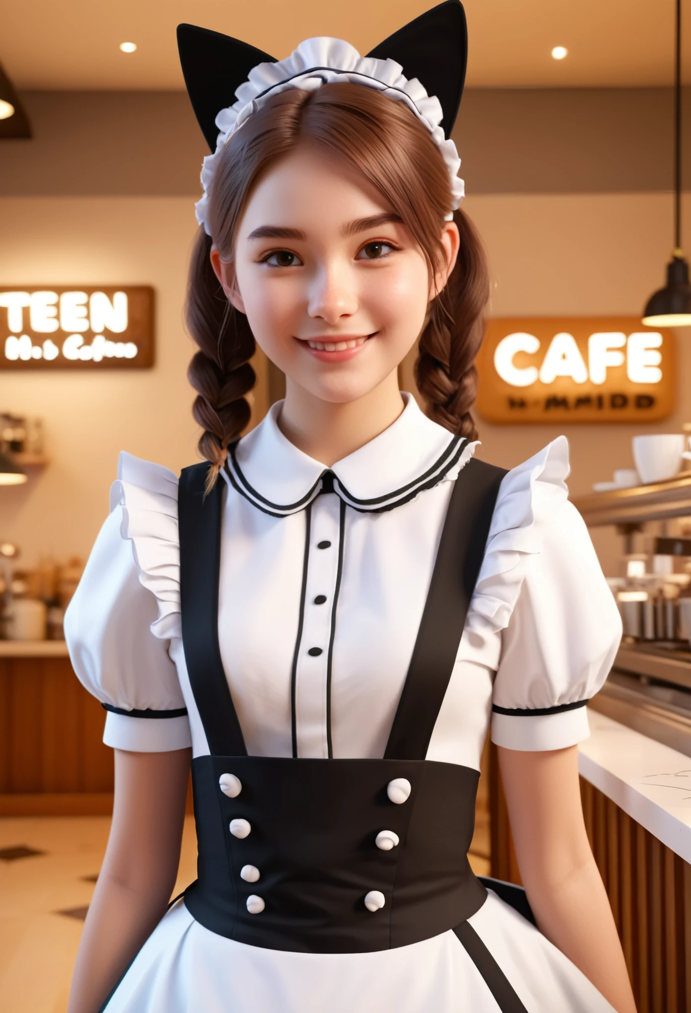 Best Quality, Masterpiece, ,HD Digital Photos, Pixar Style, 3D rendering,1 Girl in English Maid Outfit, Cat-Eared Girl, Upper Body, Standing Behind Smiling at the Camera, Cafe Background, Soft Lighting, Warm Color