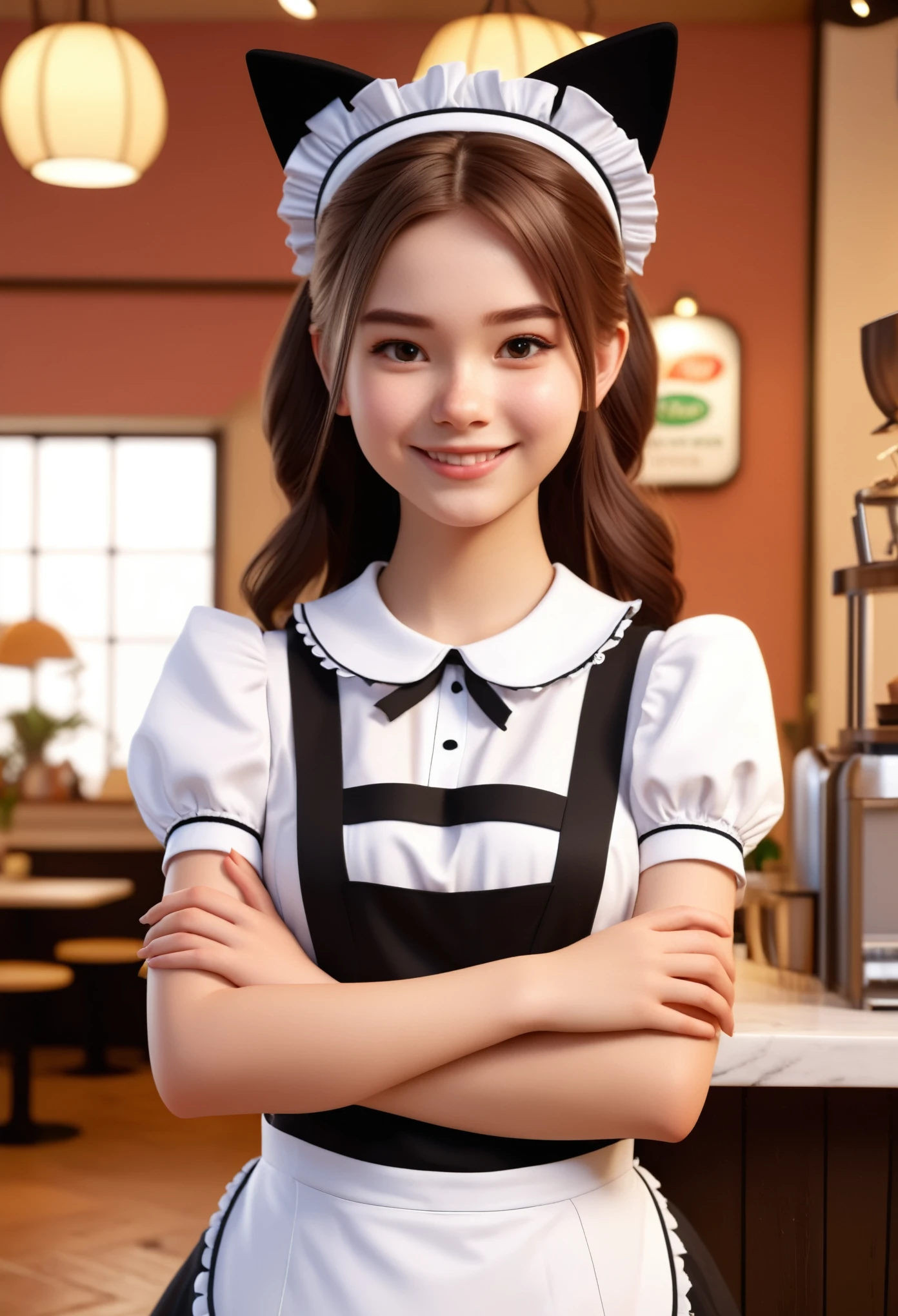 Best Quality, Masterpiece, ,HD Digital Photos, Pixar Style, 3D rendering,1 Girl in English Maid Outfit, Cat-Eared  Girl, Upper Body, Standing Behind Smiling at the Camera, Cafe Background, Soft Lighting, Warm Color