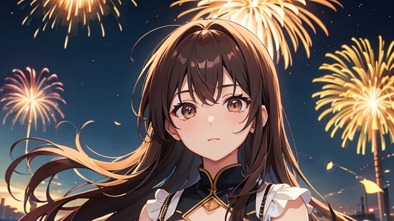 masterpiece, highest quality, High resolution,Anime Style、Brown Hair、Long Hair、firework、fair