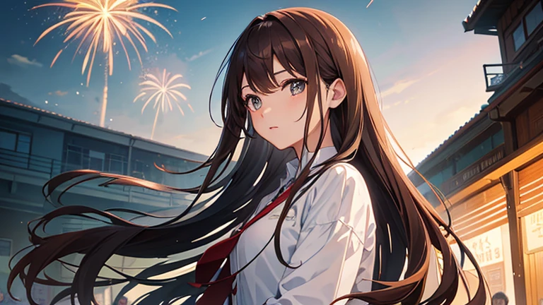 masterpiece, highest quality, High resolution，Anime Style、Brown Hair、Long Hair、firework、fair