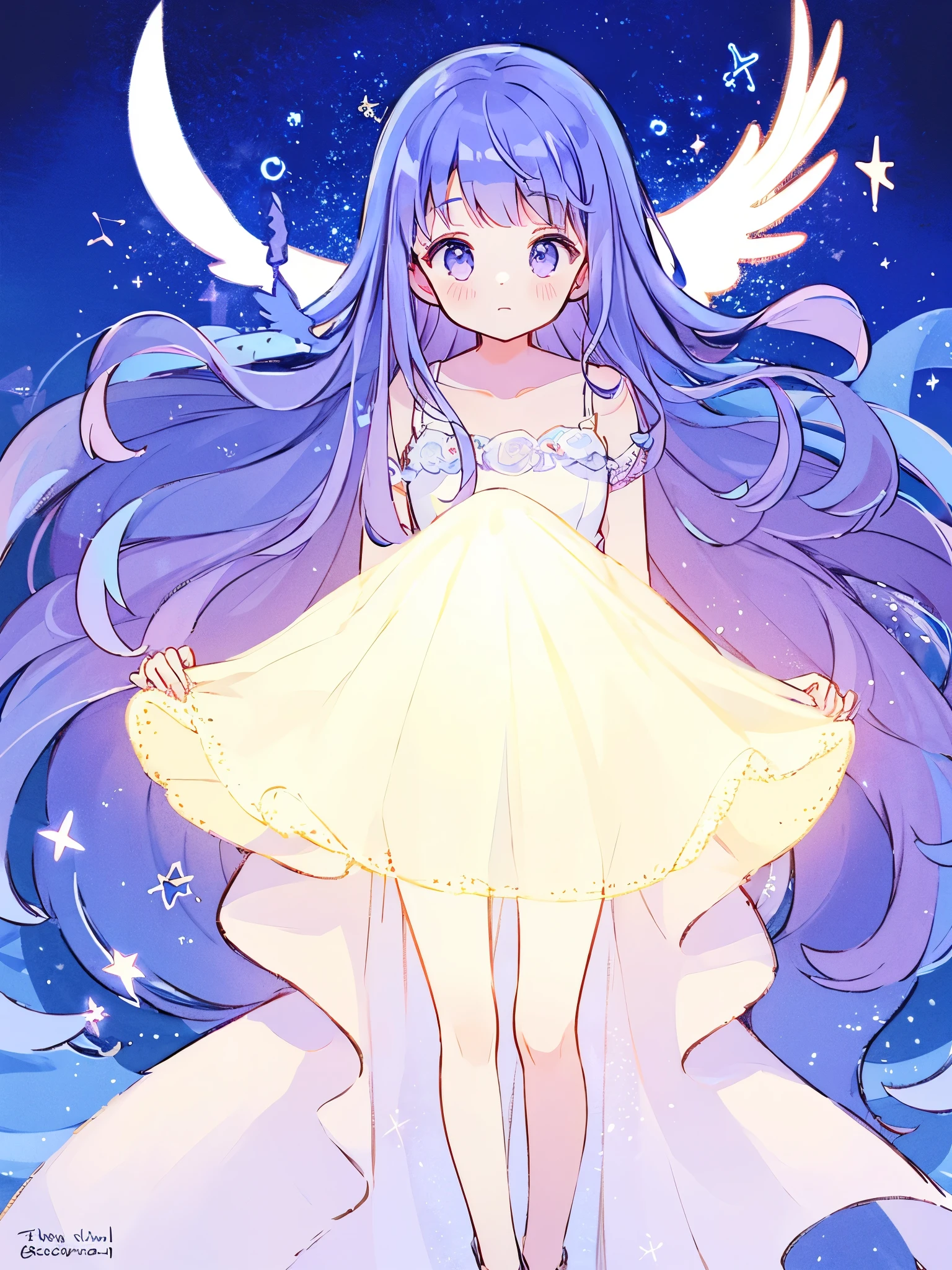 complex background, wishing star background, blue purple hair, a woman wearing an ethereal layered tiered translucent dress, complex drawing, highly detailed, ethereal, starry night, midjourney style