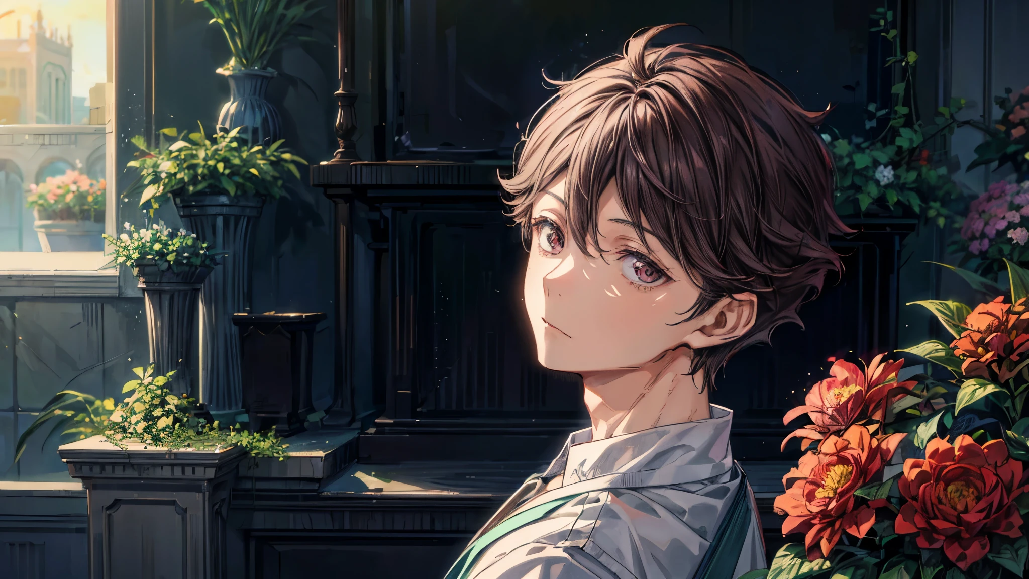 1 man, oikawa tooru, looking in front, facing forward, looking at viewer, perfect face, flowers, plants, cinematic lighting, innocent expression, prince outfit, detailed shading, details