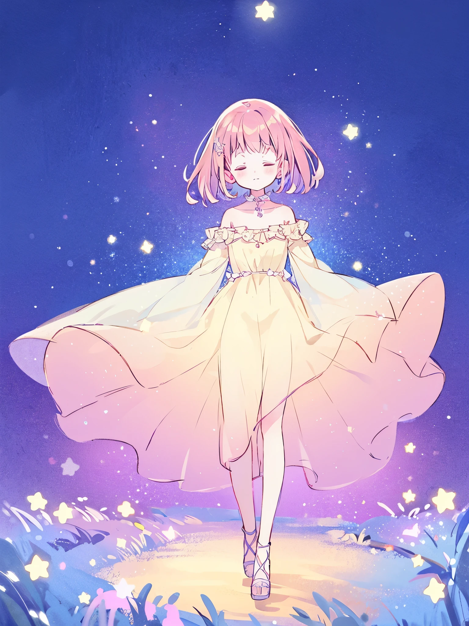complex background, wishing star background, a woman wearing an ethereal mystical pink translucent dress that reflects the stars, complex drawing, highly detailed, ethereal, starry night, midjourney style