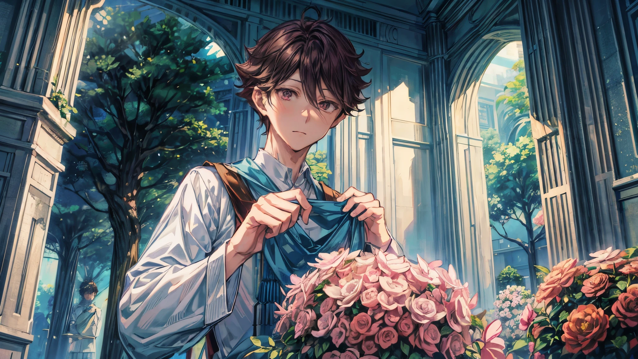 1 man, oikawa tooru, looking in front, facing forward, looking at viewer, perfect face, flowers, plants, cinematic lighting, innocent expression, prince outfit, detailed shading, details