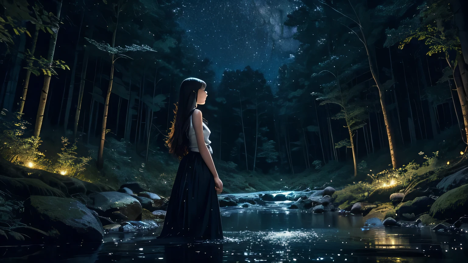 A young woman with long, flowing hair stands mesmerized at the edge of a moonlit forest stream. The air shimmers with fireflies, and the water reflects the starry night sky. The scene is breathtakingly beautiful and full of wonder.