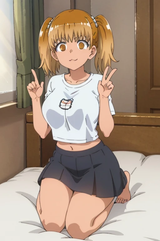 Very detailed, High quality (medium long shot), Illustration from the anime Ijiranaide Nagatoro San, of the character Yoshi, orange eyes, quite thick thighs, white t-shirt well above the navel, black skirt, looking at the viewer. with a playful expression. hands on breasts.kneeling on a bed,full body