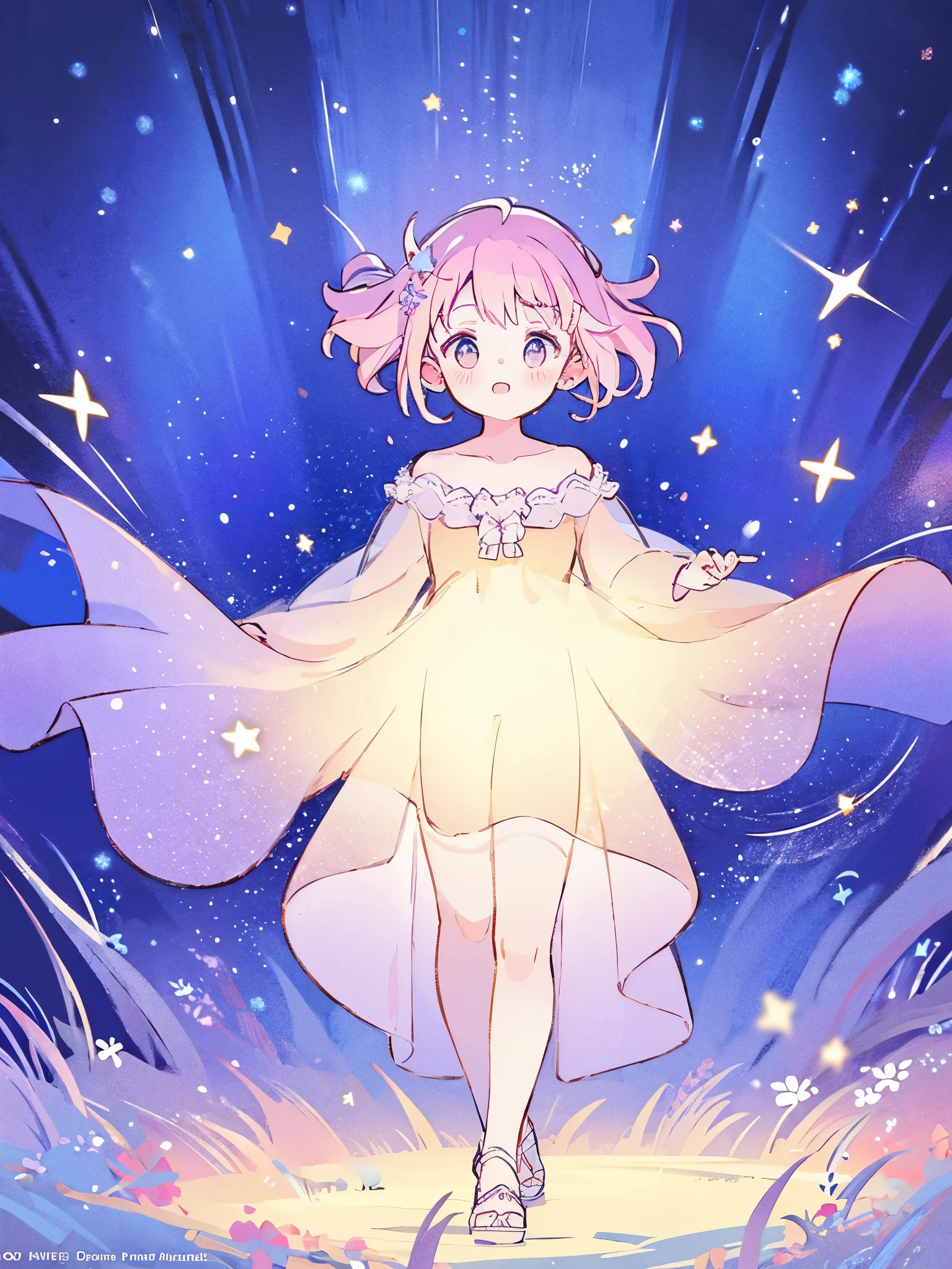complex background, wishing star background, a woman wearing an ethereal mystical pink translucent dress that reflects the stars, perfume promo art, mystic, complex drawing, highly detailed, Covergirl brand, promo art, artistic rendition, ethereal, starry night, midjourney style