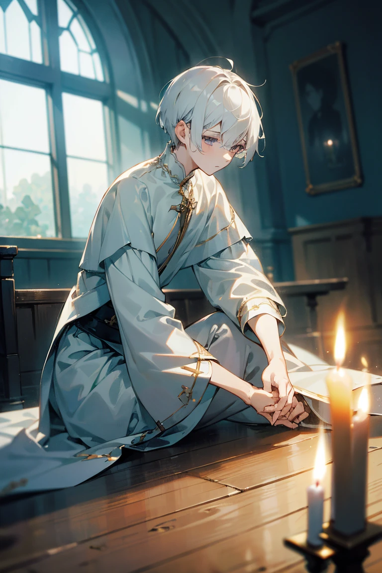 (masterpiece, depth of field, delicate), boy, pale, skinny, white short hair, dark eyes, gentle clothe, sitting position, dynamic angle, scenery, indoors, old building, castle, candles