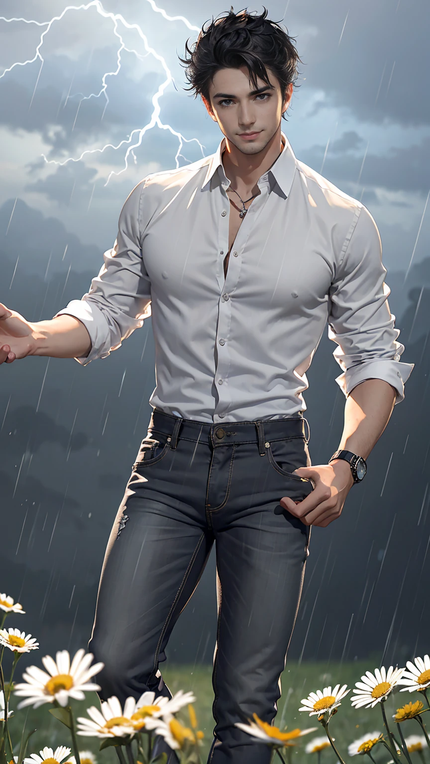 (masterpiece, Best quality, a high resolution, ultra detailed),(Beautiful and aesthetically pleasing:1.2), detailed eyes and face, whole body, 1 man, adult, (black hair), wild hair, (grey eyes), male body, athletic body, perfect body, flirtatious smile, ardent look, light white unbuttoned shirt, black jeans, bare feet,  field with flowers, field with daisies, relax on the field, summer, storm, lightning, rain,wet skin, water droplets on the skin, wet shirt, a rainbow is on the sky,storm black clouds
