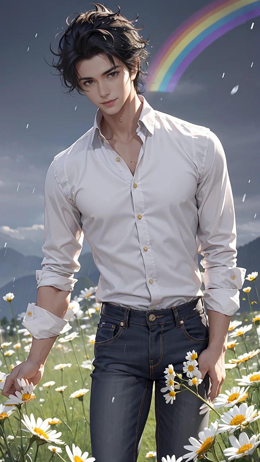 (masterpiece, Best quality, a high resolution, ultra detailed),(Beautiful and aesthetically pleasing:1.2), detailed eyes and face, whole body, 1 man, adult, (black hair), wild hair, (grey eyes), male body, athletic body, perfect body, flirtatious smile, ardent look, light white unbuttoned shirt, black jeans, bare feet,  field with flowers, field with daisies, relax on the field, summer, storm, lightning, rain,wet skin, water droplets on the skin, wet shirt, a rainbow is on the sky,storm black clouds
