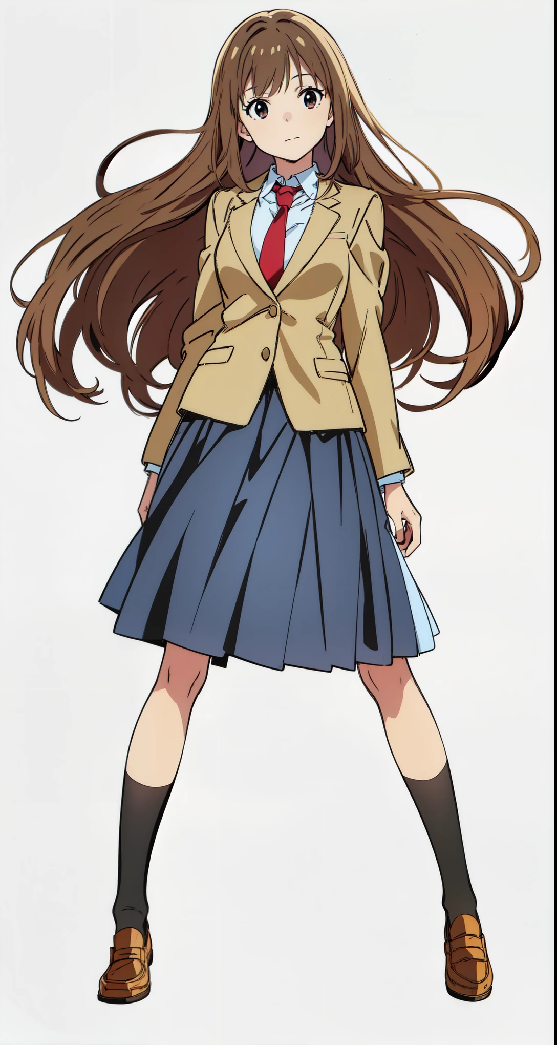 (white background:1.0), (best quality:1.0), (masterpiece:1.0), (super fine illustration:1.0), (beautiful artwork:1.0), (anime screencap:1.0), (official art:1.0), (full body:1.0), (solo:1.0), (HSGα:1.0), (a 18yo cute girl:1.0), (long skirt:1.2), (dark blue skirt:1.0), (pleated skirt:1.0), (school uniform beige blazer:1.0), (red necktie:1.0), (loafers:1.0), (black socks:1.0), (ideal ratio body proportions:1.2), (lanky:1.2), (tall:1.2), (slender:1.2), (small breasts:1.2), (smaller face:1.2), (tareme:1.0), (detailed beautiful eyes:1.0), (detailed beautiful face:1.0), (glowing black eyes:1.0), (long hair:1.0), (brown hair:1.0), (standing:1.0), (looking at viewer:1.0)