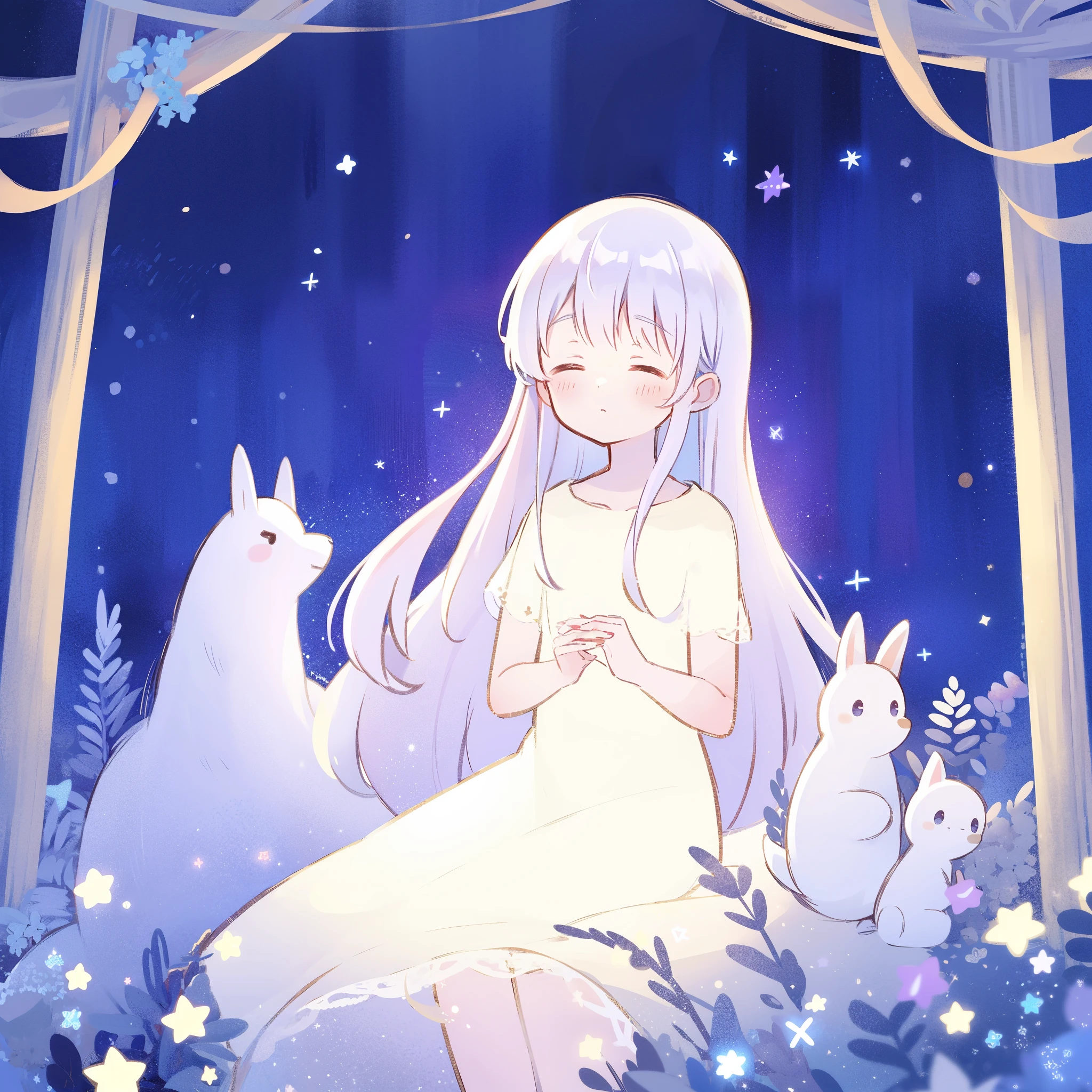 complex background, wishing star background, a woman wearing an ethereal white translucent dress that reflects the stars, pale purple hair, dreamy, peaceful, serene composition, glowing stars, complex drawing, highly detailed, ethereal, starry night, midjourney style